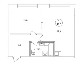 Однокомнатная квартира 49.8 м²