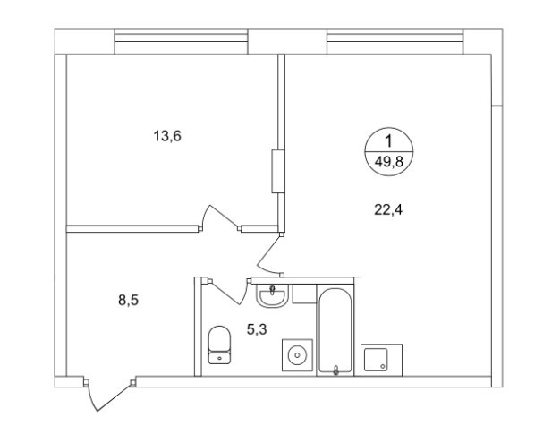 Однокомнатная квартира 49.8 м²