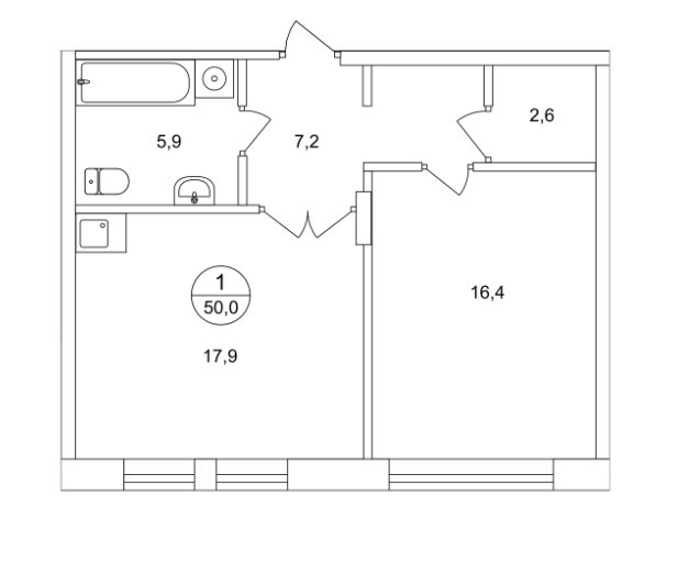 Однокомнатная квартира 50 м²