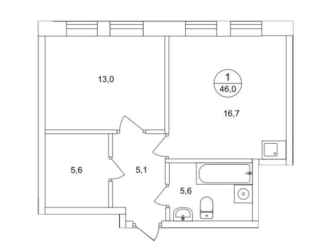 Однокомнатная квартира 46 м²